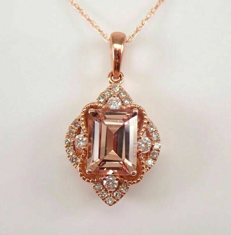 3Ct Emerald Cut Lab Created Morganite Women Pendant 14K Rose Gold Plated Silver