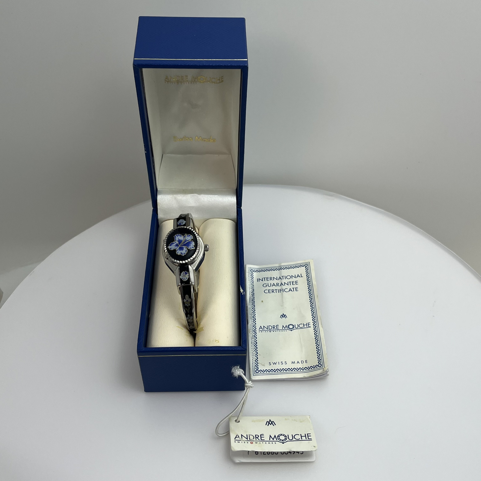 Andre Mouche Secret Bangle Watch Qz SWISS MADE Floral Enamel Ladies w/Box #B866