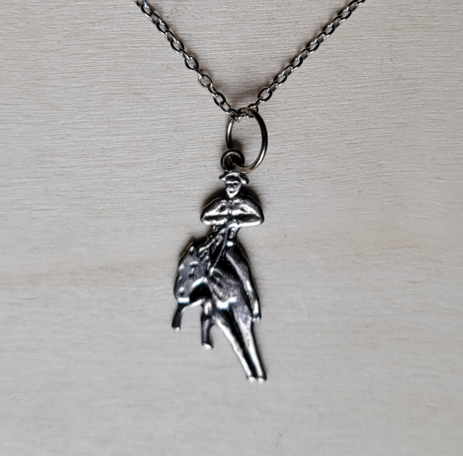 Western Cowboy On Horse Pulling Back The Reins Silver Tone Pendant 18in Necklace