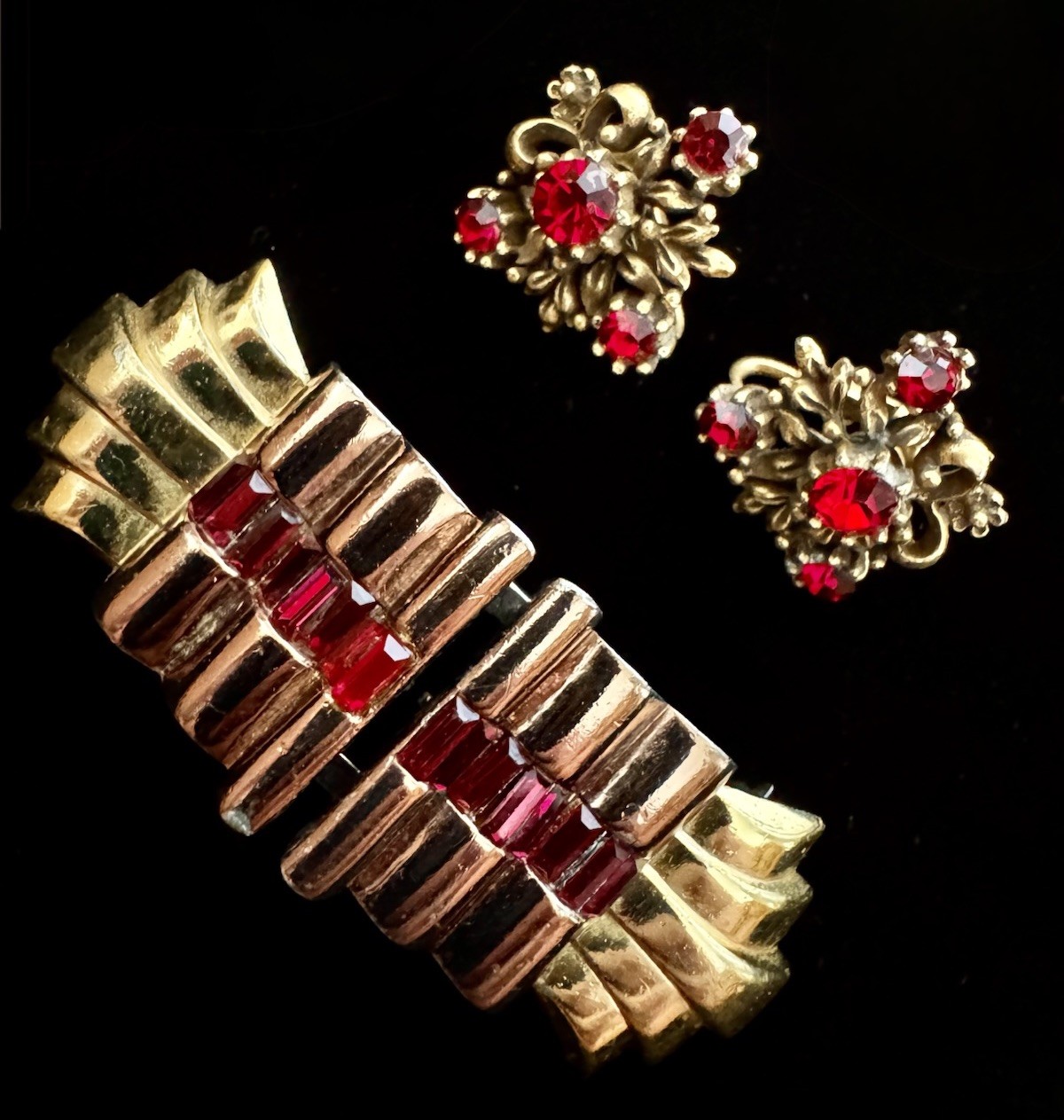 CORO Duette RUBY Red Rhinestone Brooch + Coro Floral Clip Earrings | Vintage Set