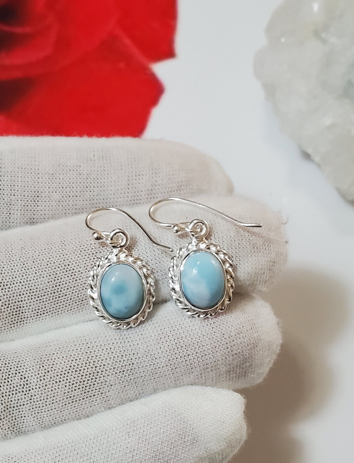 Natural Larimar 8×10 mm 925 Sterling Silver Bezel Setting Earrings for wife Gift