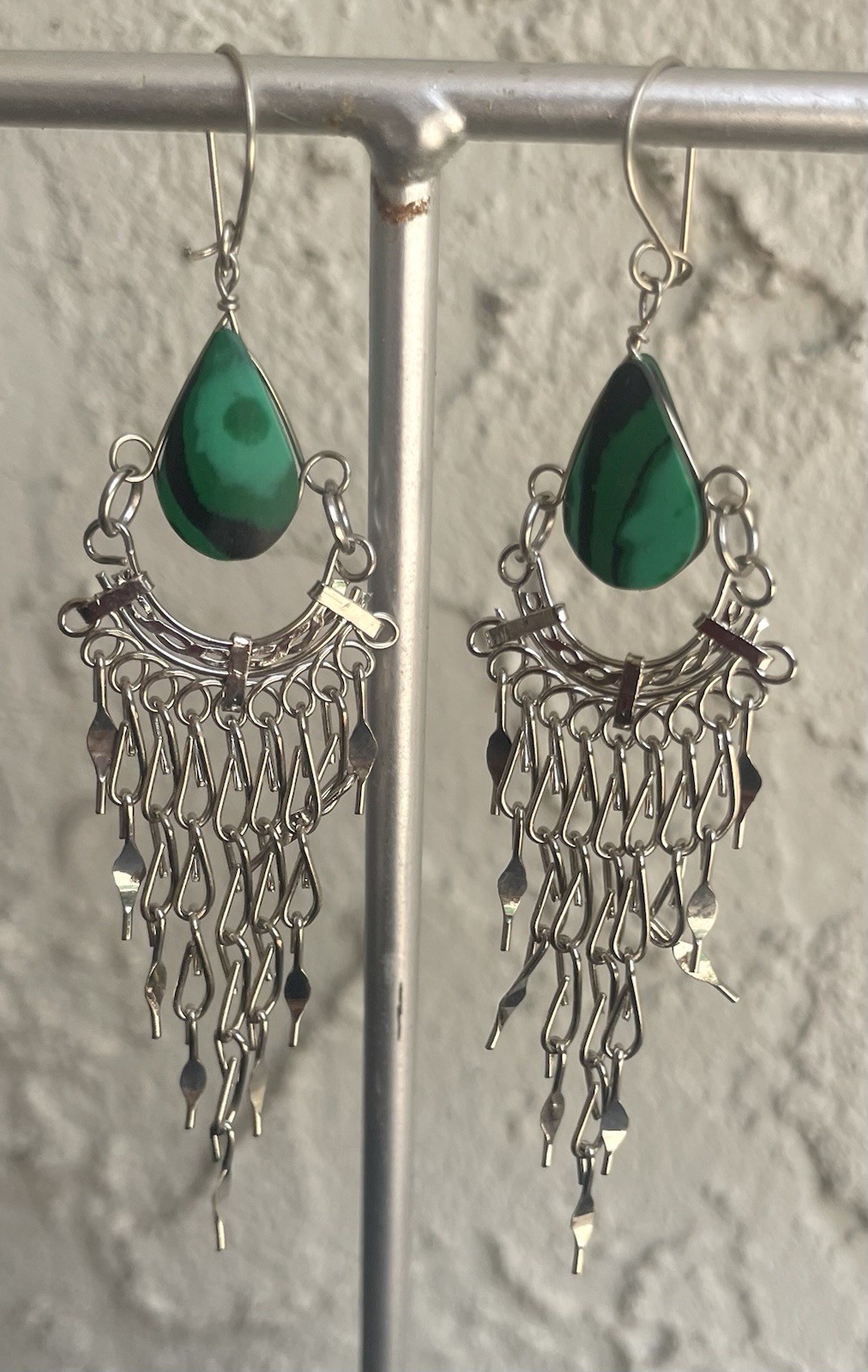 Peruvian Green Malachite Semi-Precious Stone Dangle Earrings Handmade Boho Peru