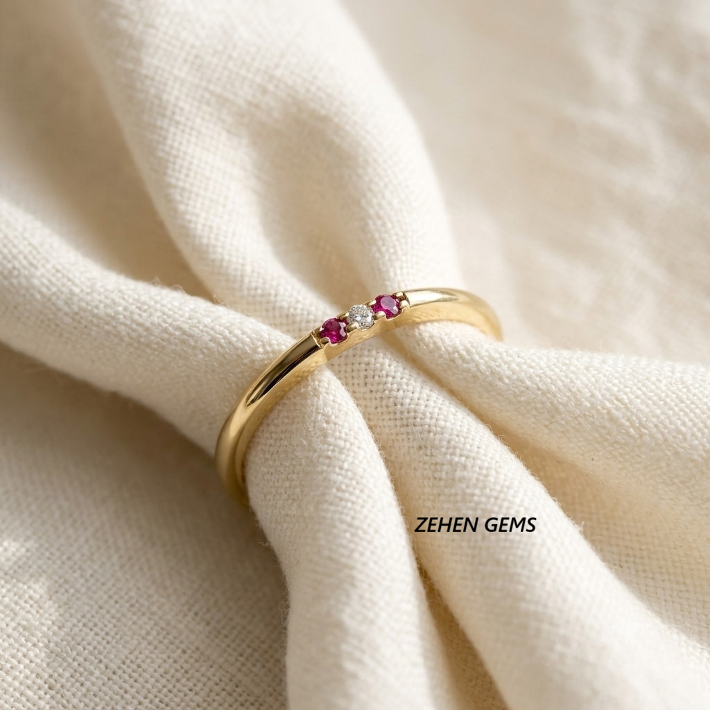 Lab created 925 Sterling Silver Gold Plated Ruby & White Zircon Three Stone Ring