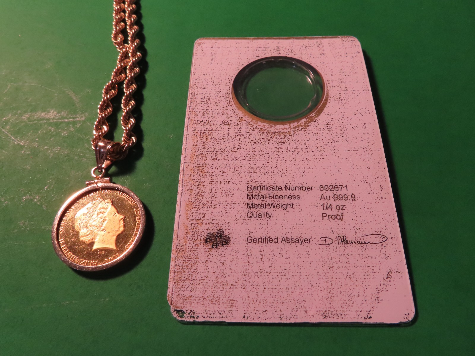 2021 Solomon Islands 1/4oz 24K Gold Coin Pendant & 1.3oz Solid Gold Rope Chain