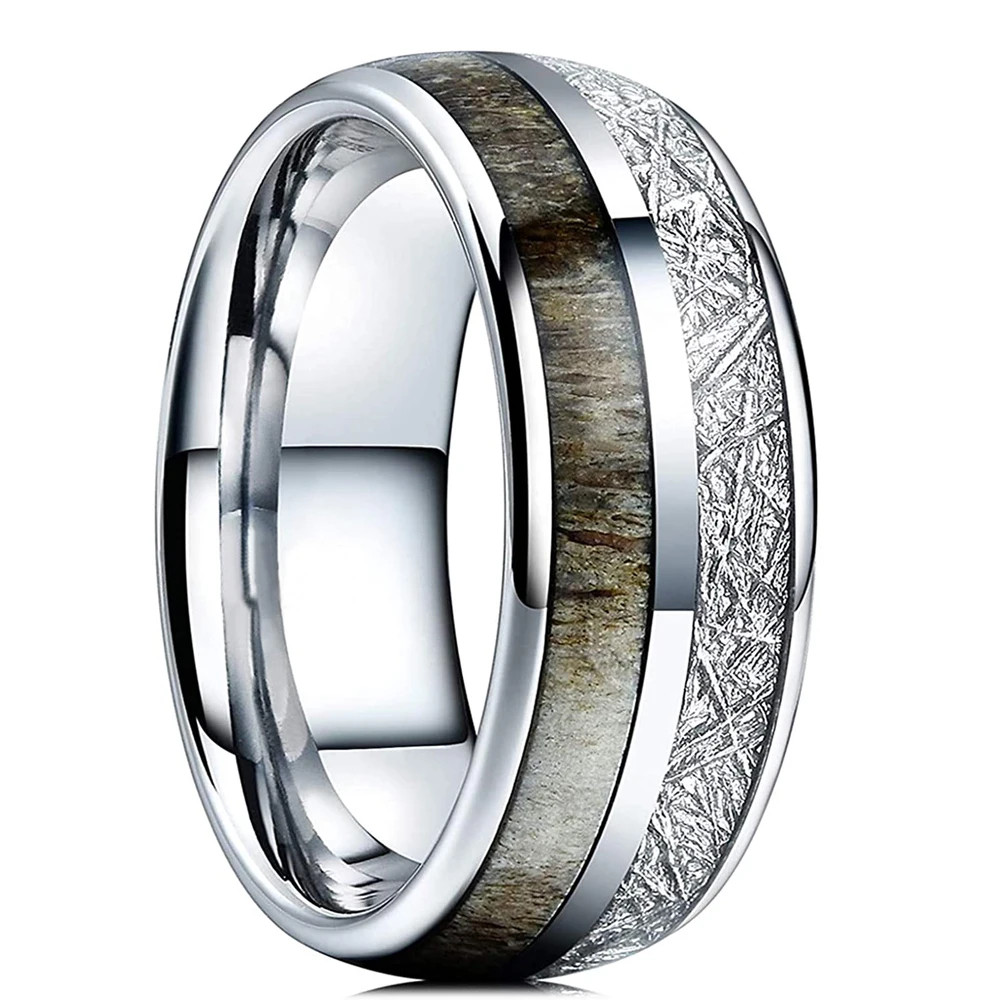 Bagues en acier inoxydable pour hommes et femmes, 8mm, incrustation de météorite