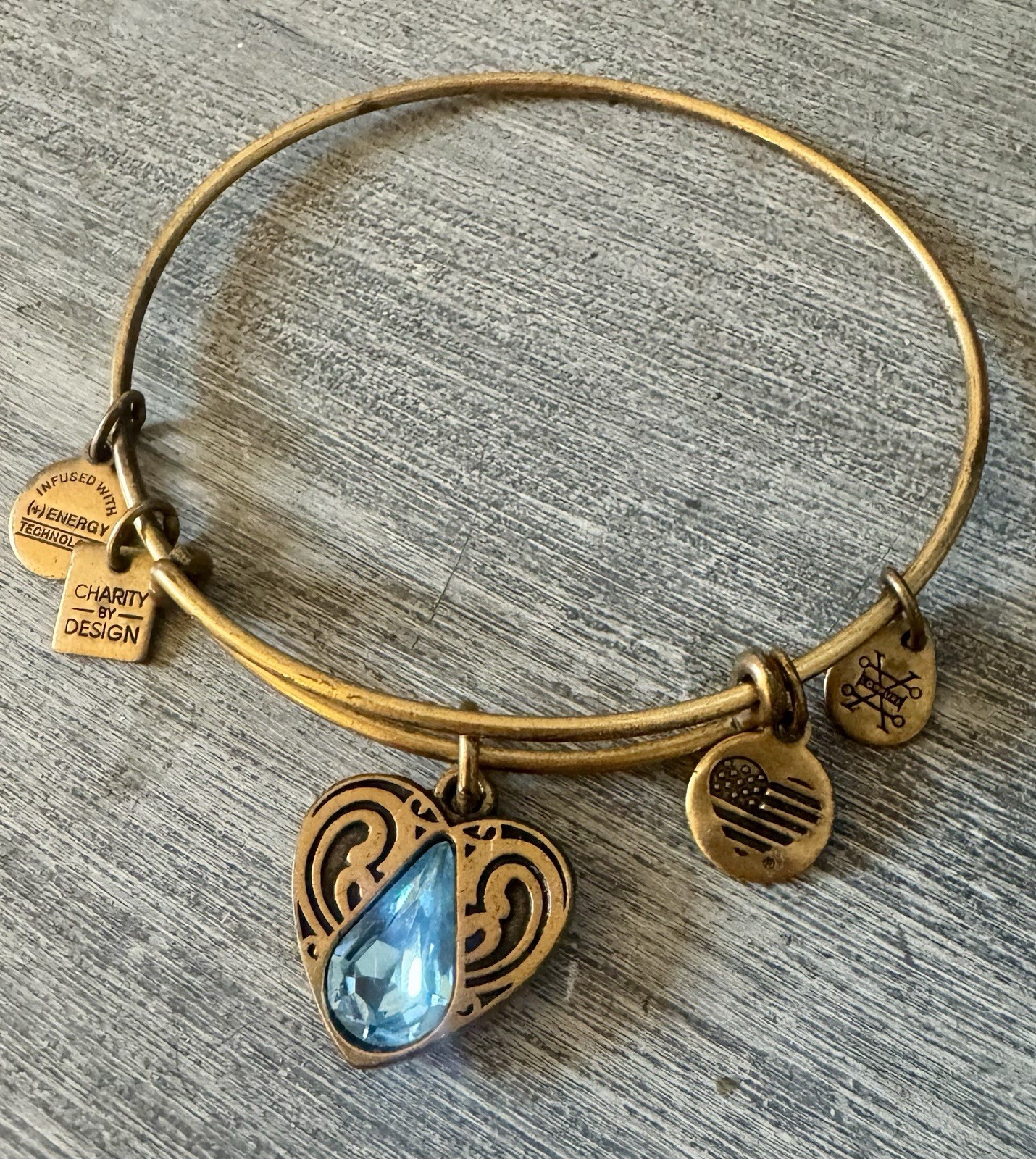 ✨EUC✨ ALEX AND ANI Living Water Charm Blue Stone Gold Finish Bangle Adjustable