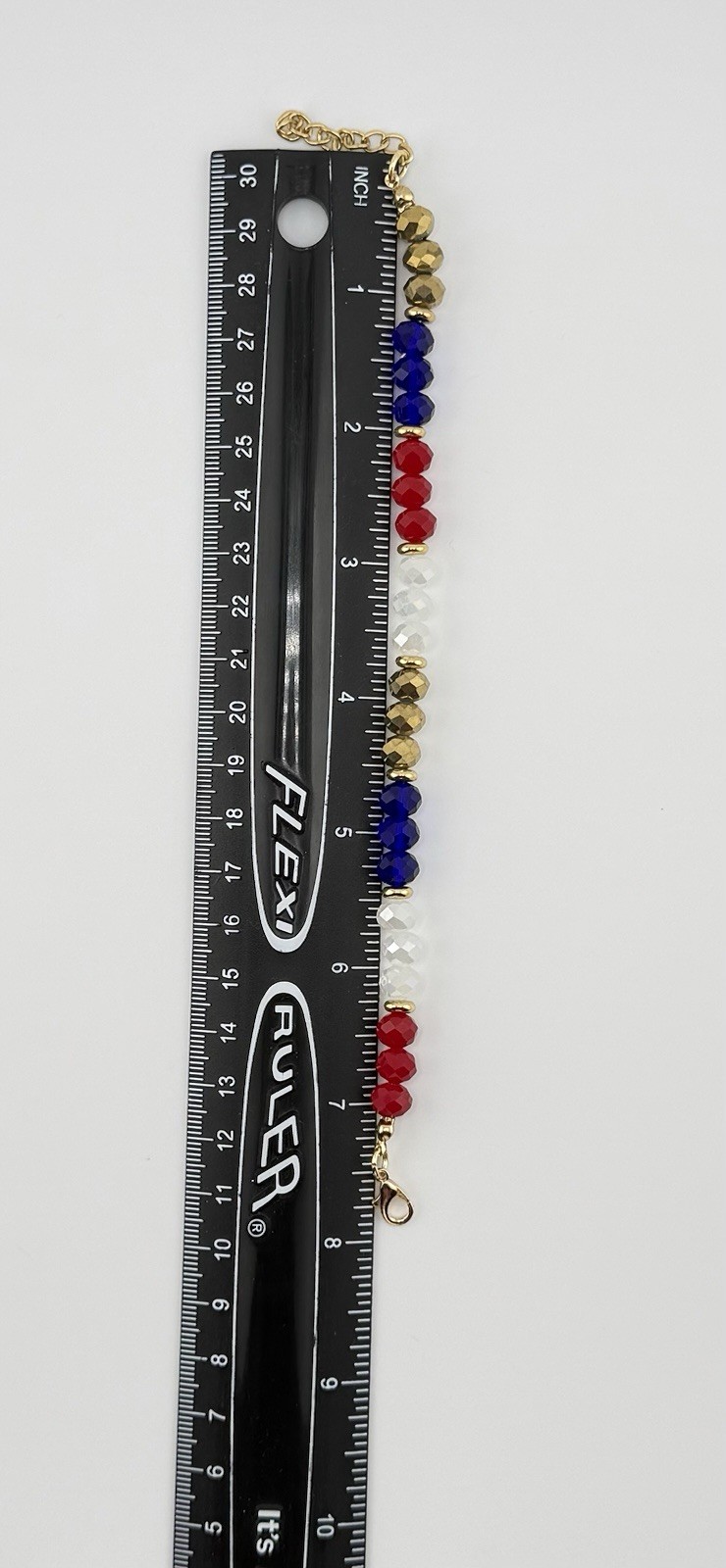 Red White Blue GoldCrystal BeadBracelet 7.6-8in Lobster 4th of July Gift for her
