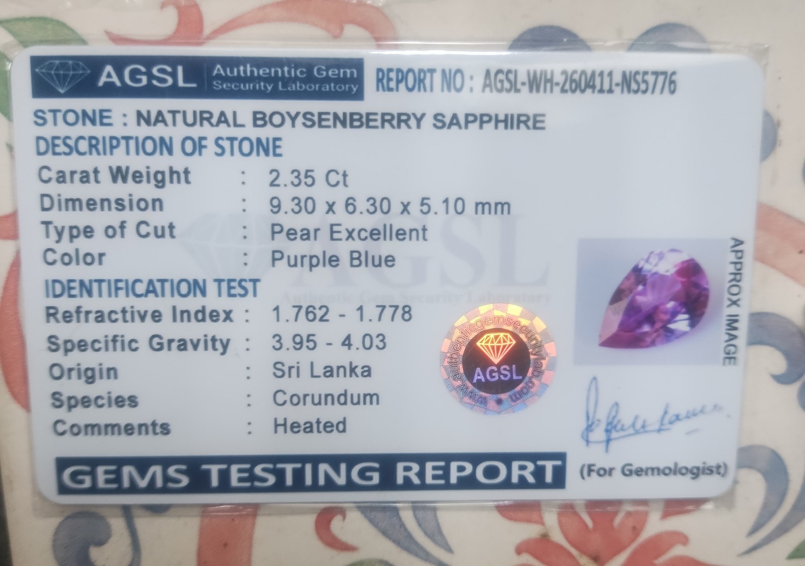 2.35 Ct Boysenberry Sapphire Pear Cut AGSL Certified Loose 9.3×6.3×5.1mm