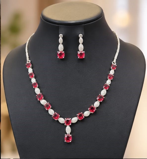 Red CZ Necklace Set for Women Silver Tone Statement Jewelry Matching Earrings