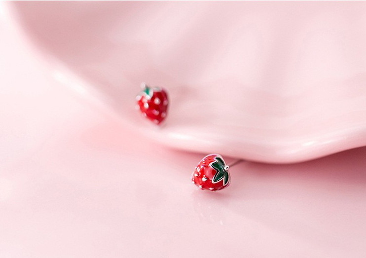 Unisex Silver Tiny Red Strawberry Stud Earrings