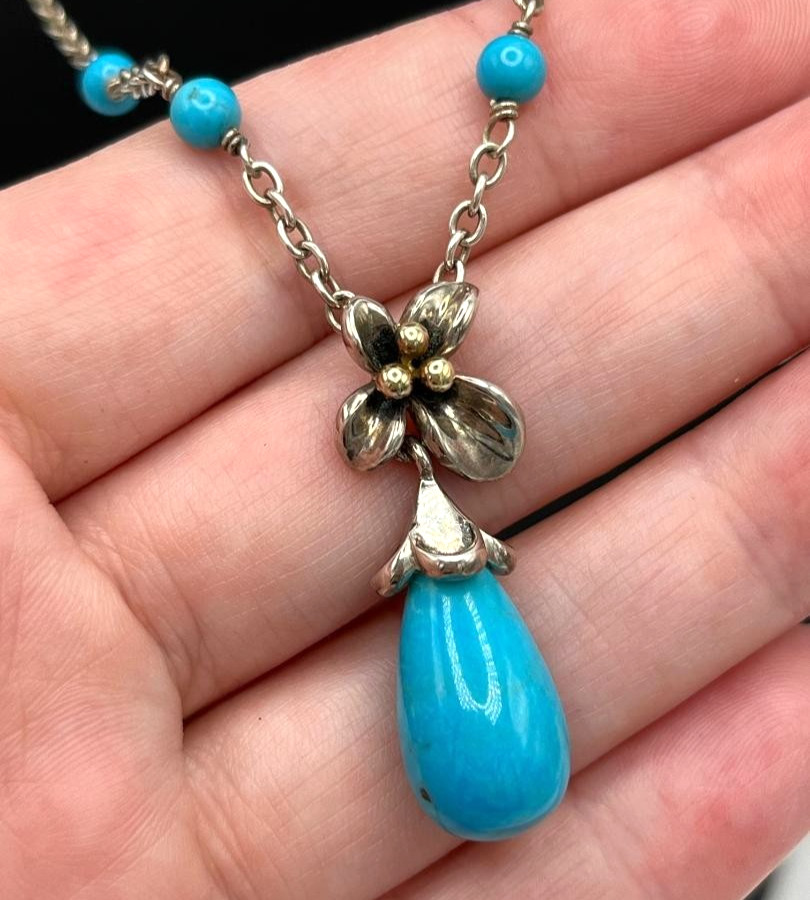 Ann King Sterling Silver 18K Gold Accents Turquoise Drop Chain Necklace Adjust