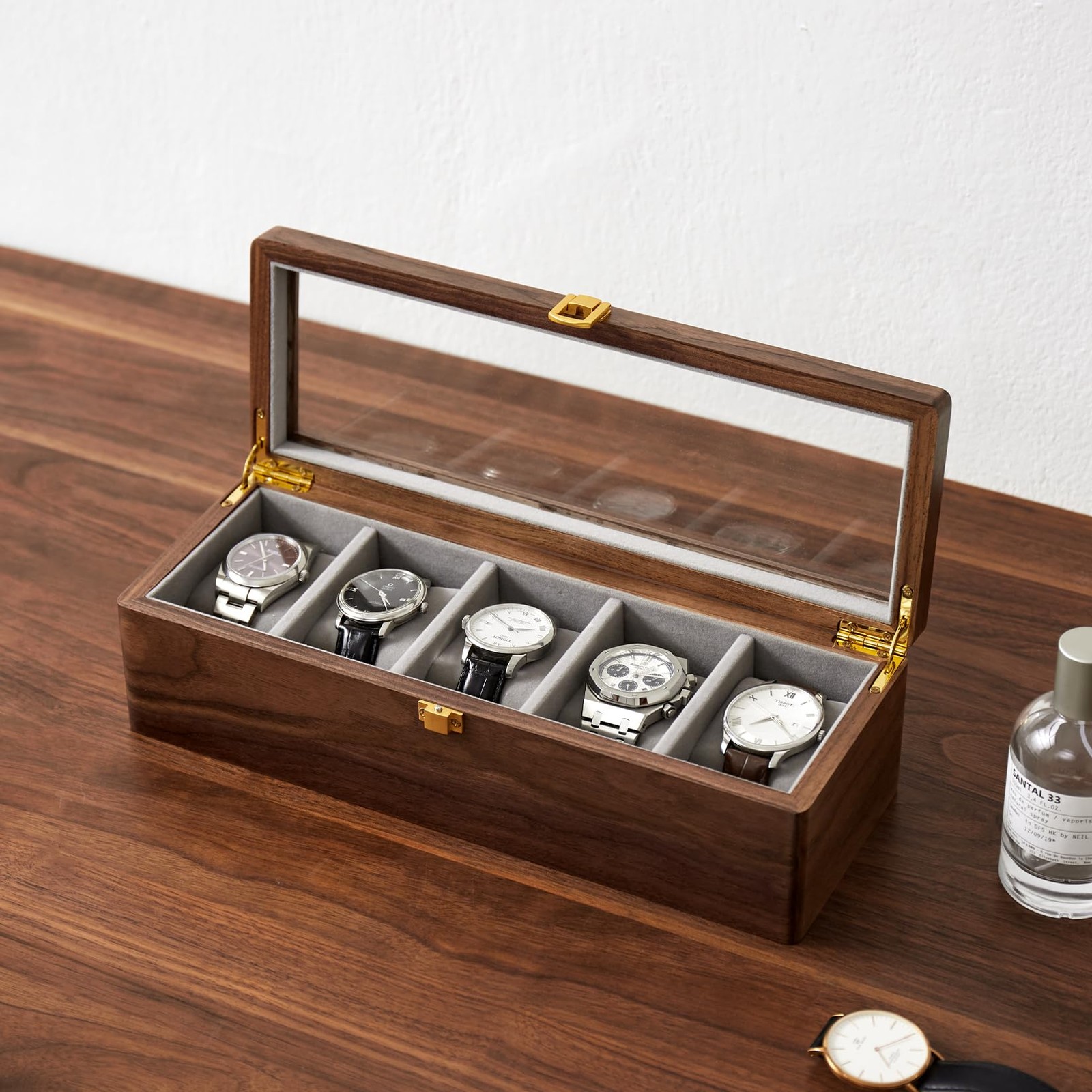 Luxury Watch Box Organizer for Men and Women Solid Black Walnut Watch Case Wi…
