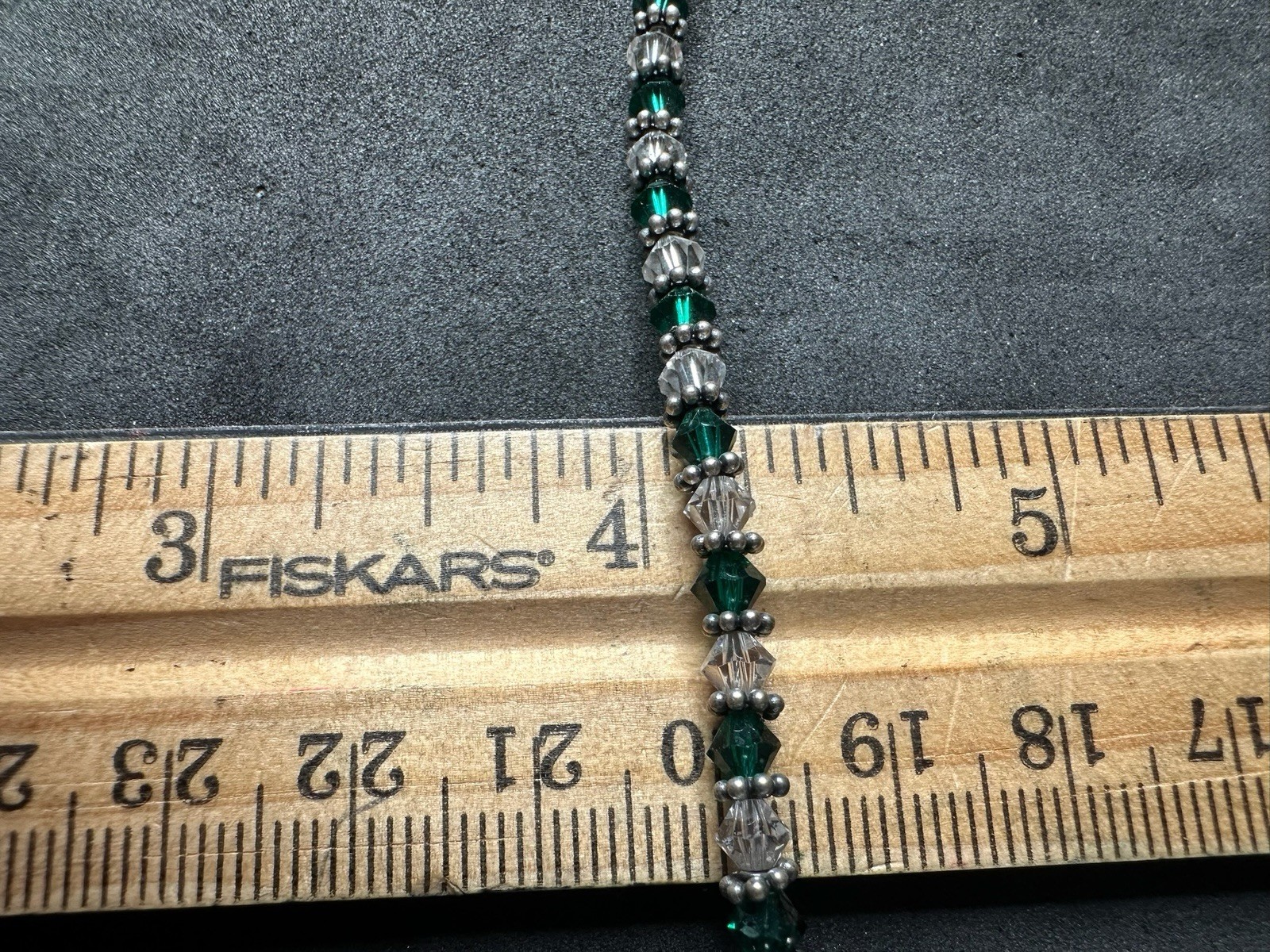 6.33g Vintage Sterling Silver 925 Beaded Link Bracelet Green Accents M 7.2 in
