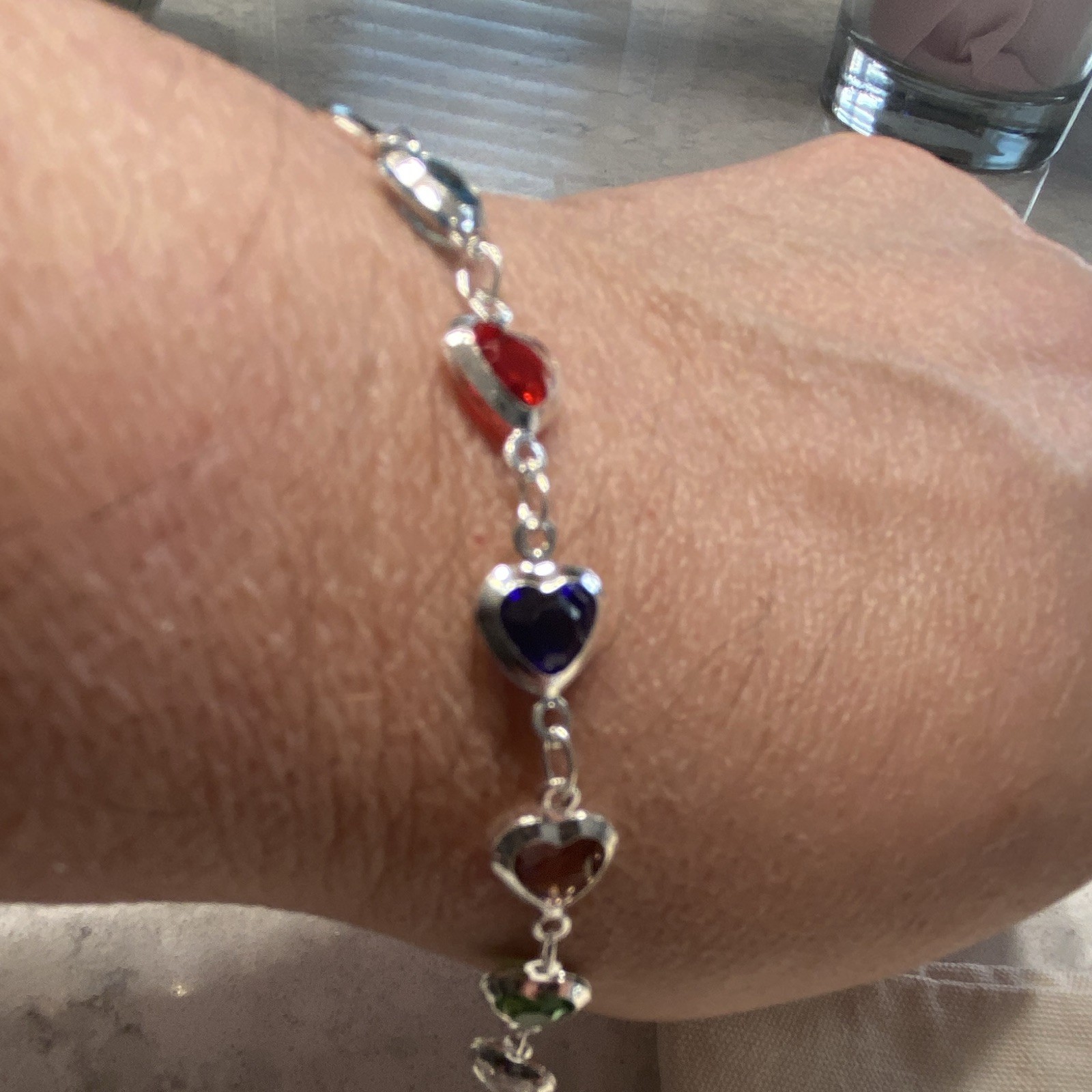 Silver Tone Heart Link Bracelet Multicolor Heart Stones Adjustable Lobster Clasp
