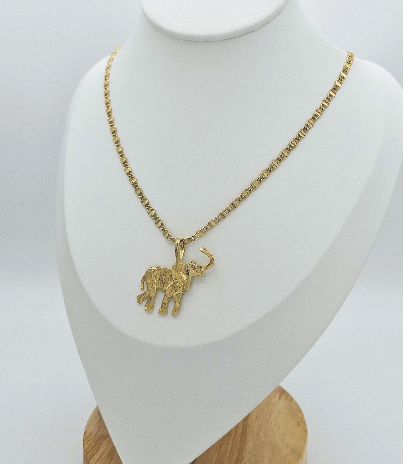 Gold Elephant Necklace, Medium Elephant Pendant, 3mm Scroll Chain, 14K Plated