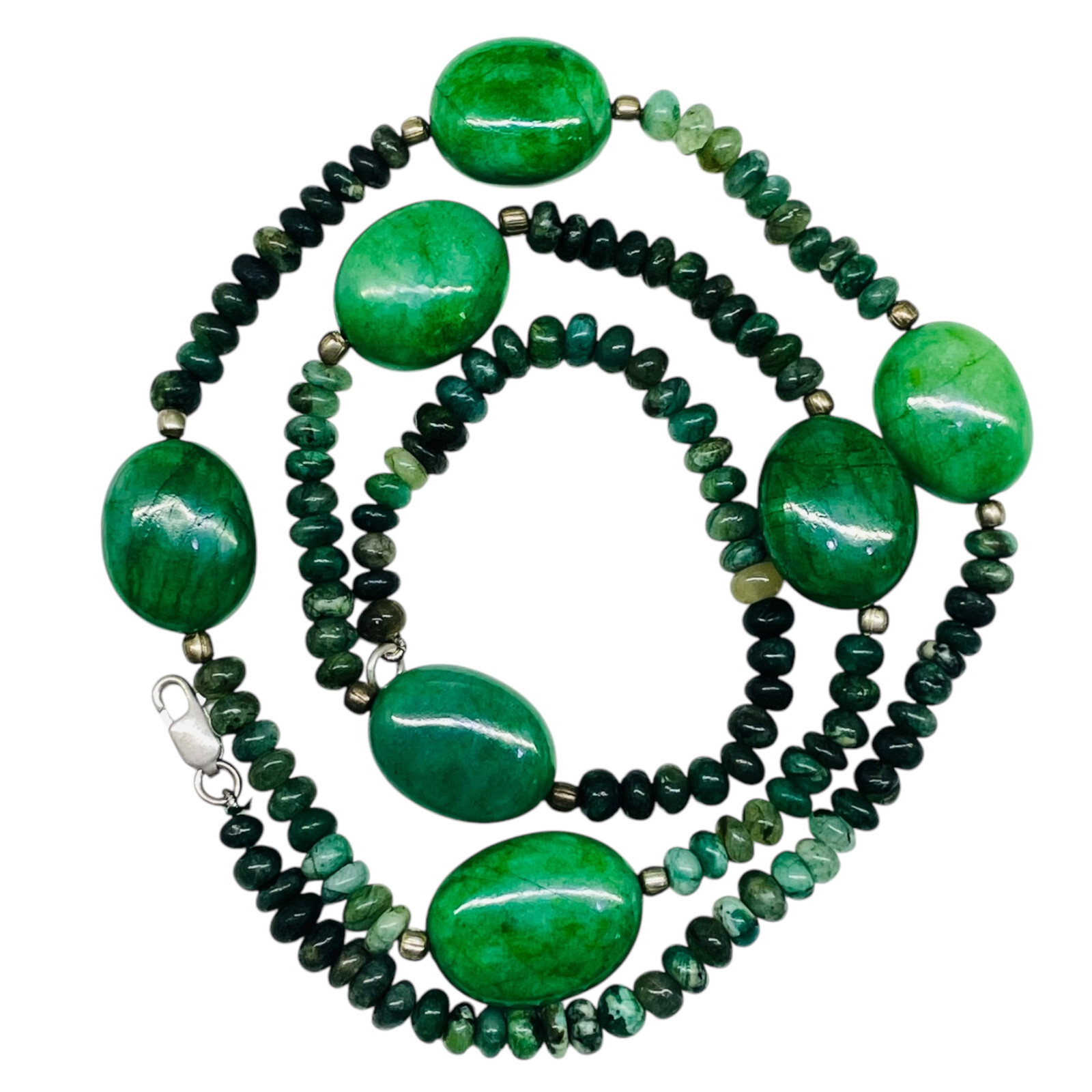 23′ Natural Emerald Designer Necklace Cabochon Beads 925 Silver Clasp
