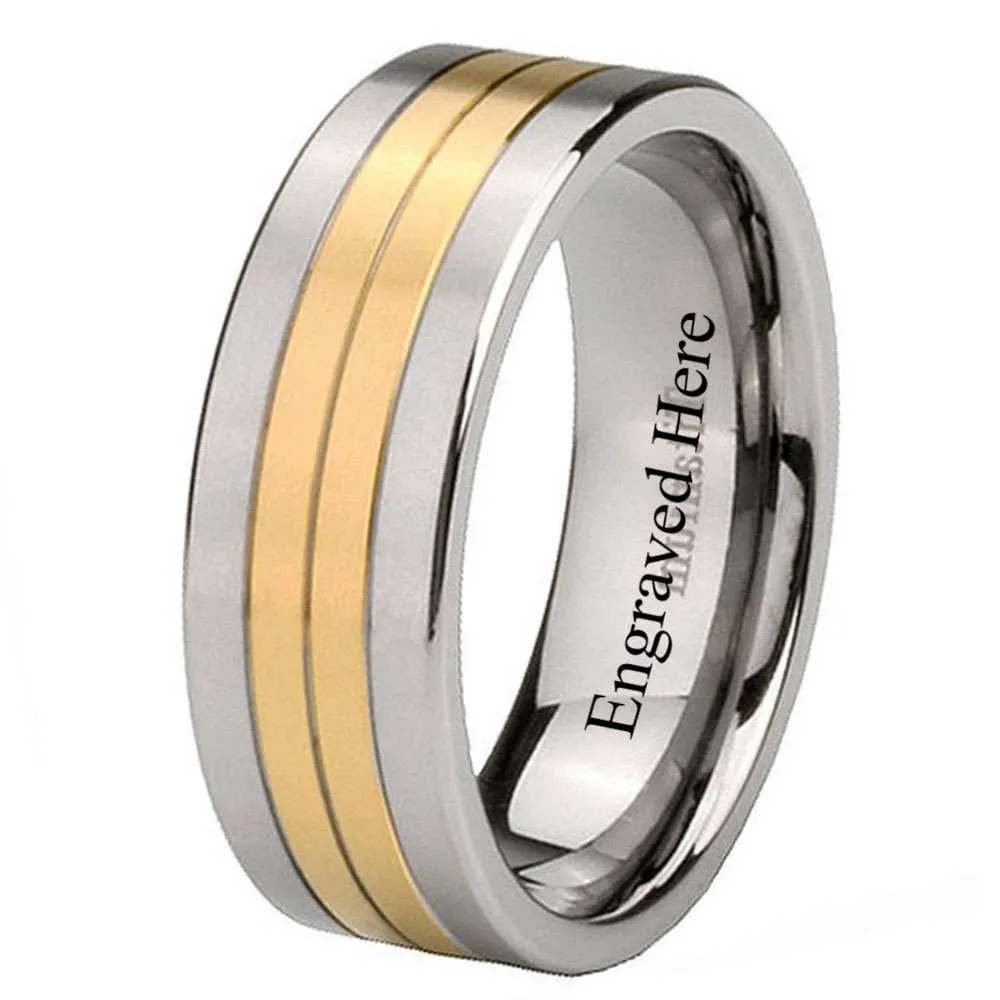 8MM Titanium 14K Gold IP Two Tone Grooved Men Band Ring Size 7 to 13