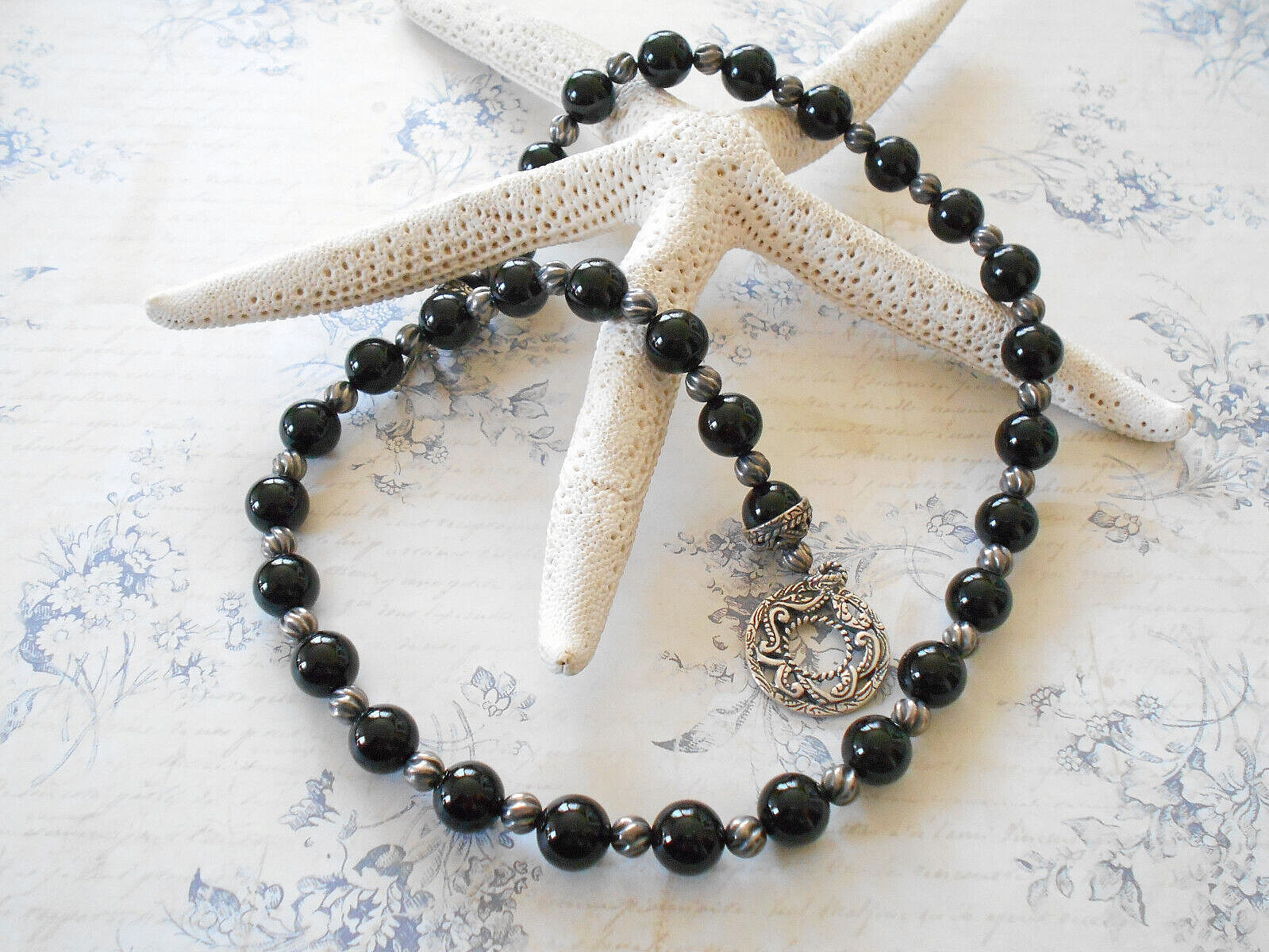Carolyn Pollack Sterling 10.2 mm Black Onyx Beaded Necklace Toggle Clasp 49B83