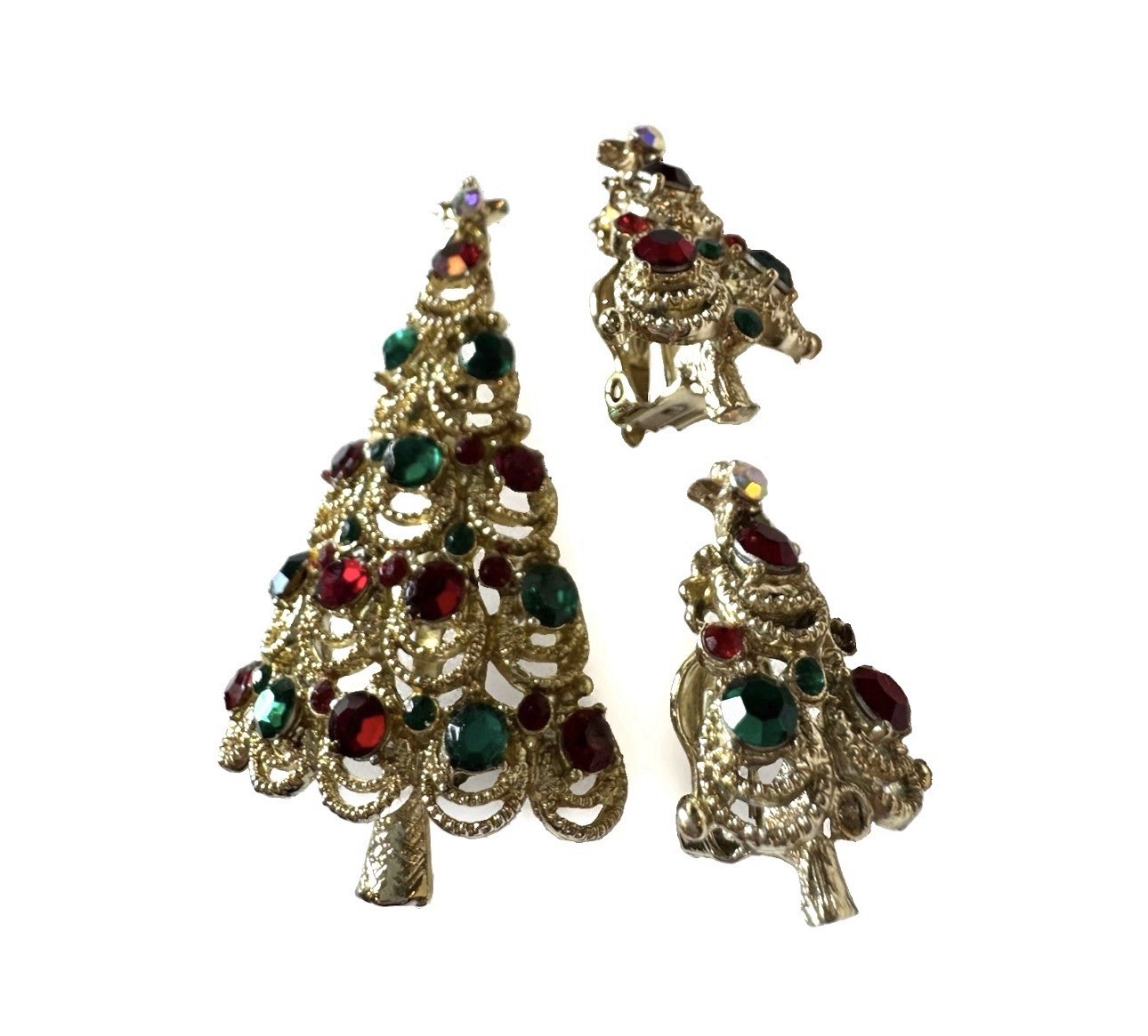 VTG Pakula Signed Christmas Tree Brooch Pin & Clip Earrings Set Red Green
