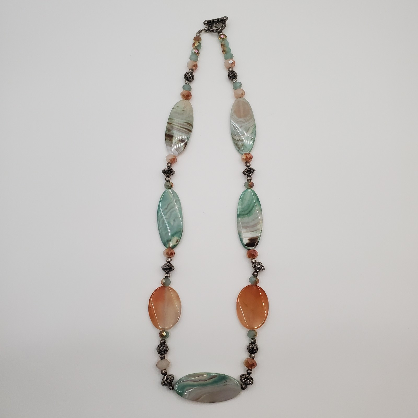 Banded Agate Stone Necklace 32in Peach Aqua Green Brown Polished Natural Beads