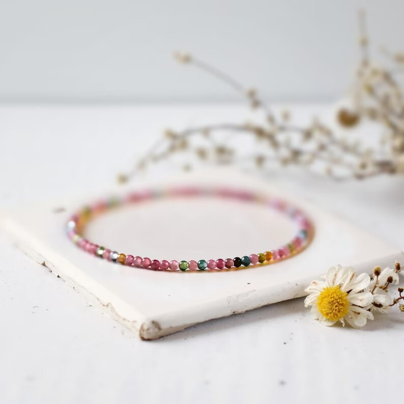 Premium Rainbow Tourmaline 2mm Bead Minimalist Dainty Stretch Women Bracelet