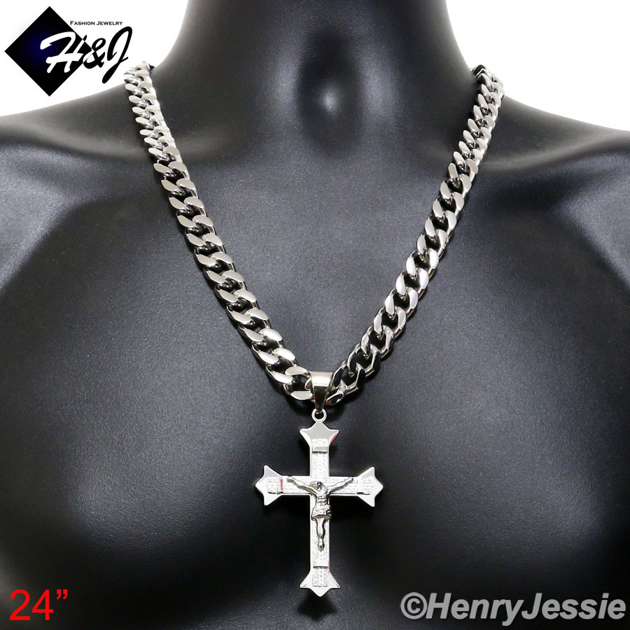 18-40″MEN Stainless Steel WIDE 11mm Silver Cuban Curb Necklace Cross Pendant*J28
