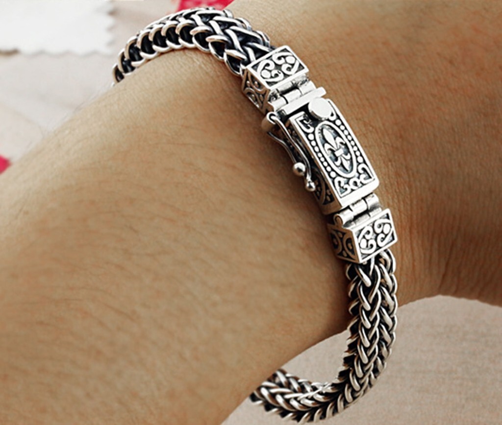Men 40g 925 Sterling Silver Vintage Silver Dragon Braid Chain Bracelet 8.5″