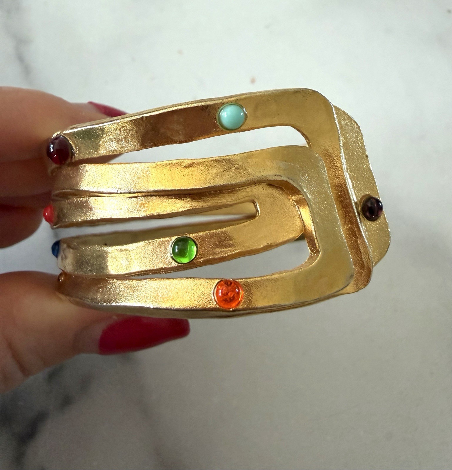 Cecile Jeanne Paris Gold Plated Blue Red Green Cabochon Glass Cuff Bracelet