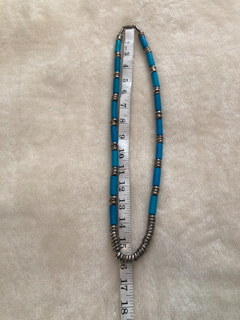 Turquoise colored and silvertoned necklace – authenticity not guaranteed, 16″