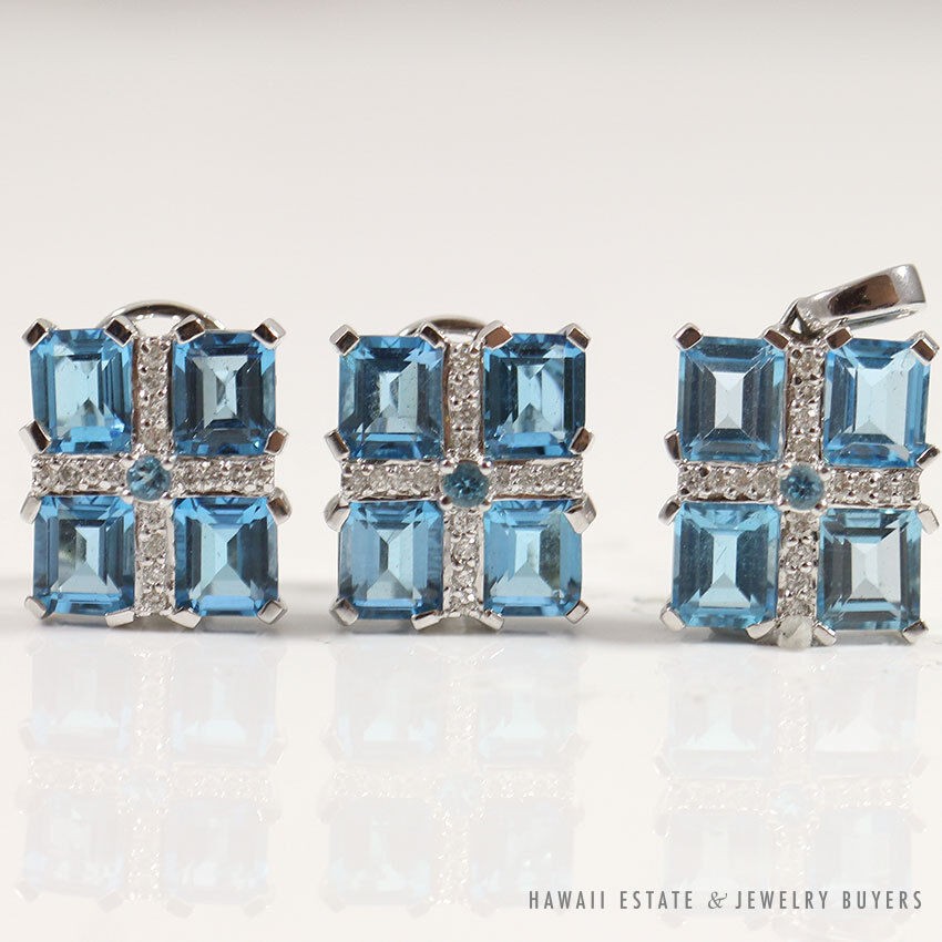Effy Sky Blue Rectangular Topaz & Diamond 18K White Gold Earrings & Pendant Set