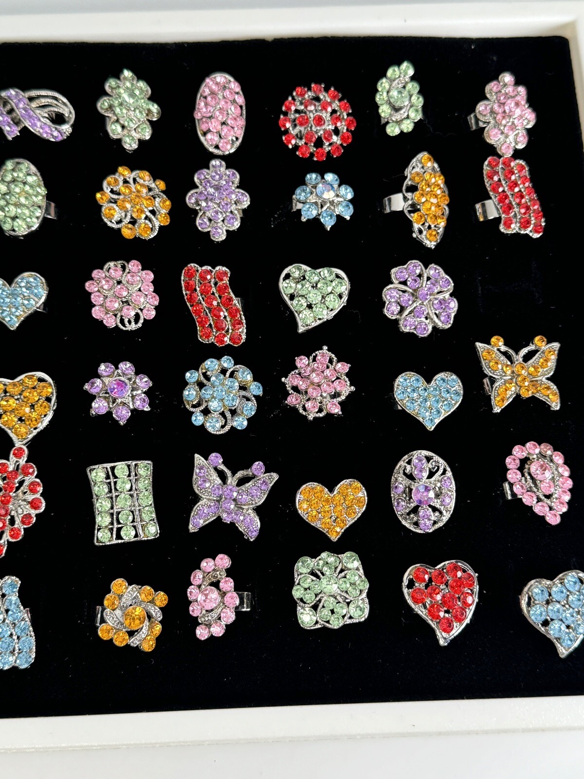 Lot of 72 New Colored Rhinestone Adjustable Fashion Rings With Display Tray