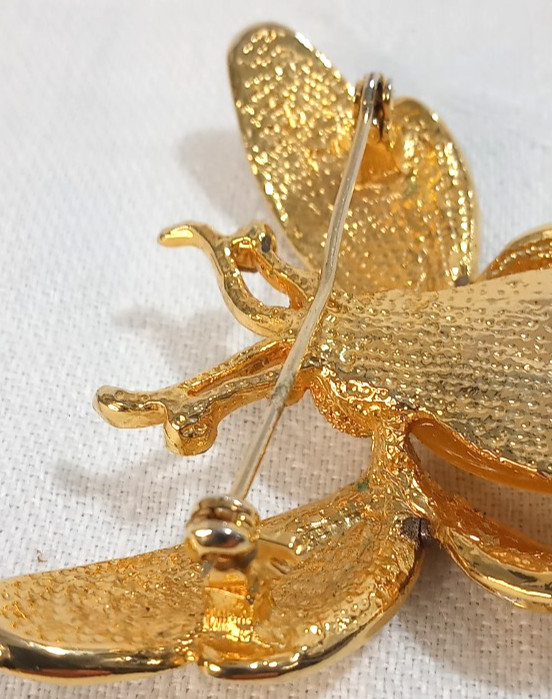 Bee Beetle Pin Brooch Enamel Rhinestones Cabochon Gold Tone Metal 2.5″ STATEMENT
