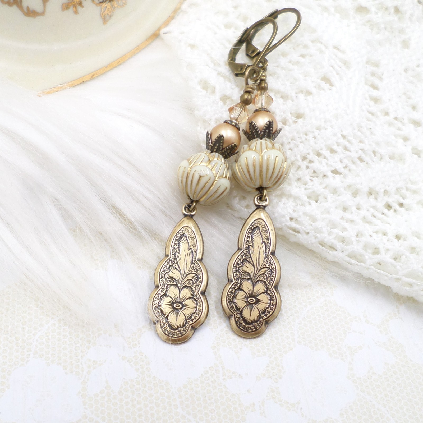 Victorian Floral Brass Earrings, Cream Acrylic Bead Handmade Dangle Jewelry