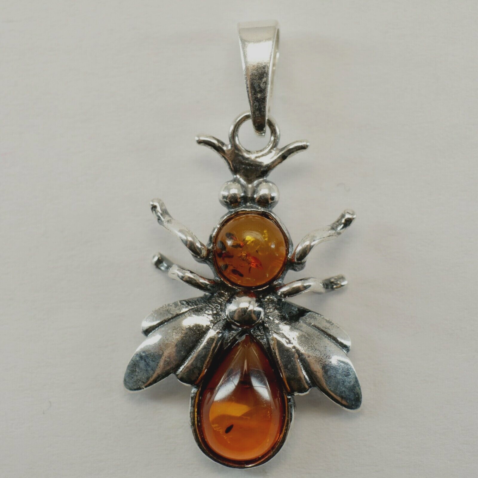 Cognac Brown BALTIC AMBER Bee Pendant in STERLING SILVER Natural Genuine #3301e