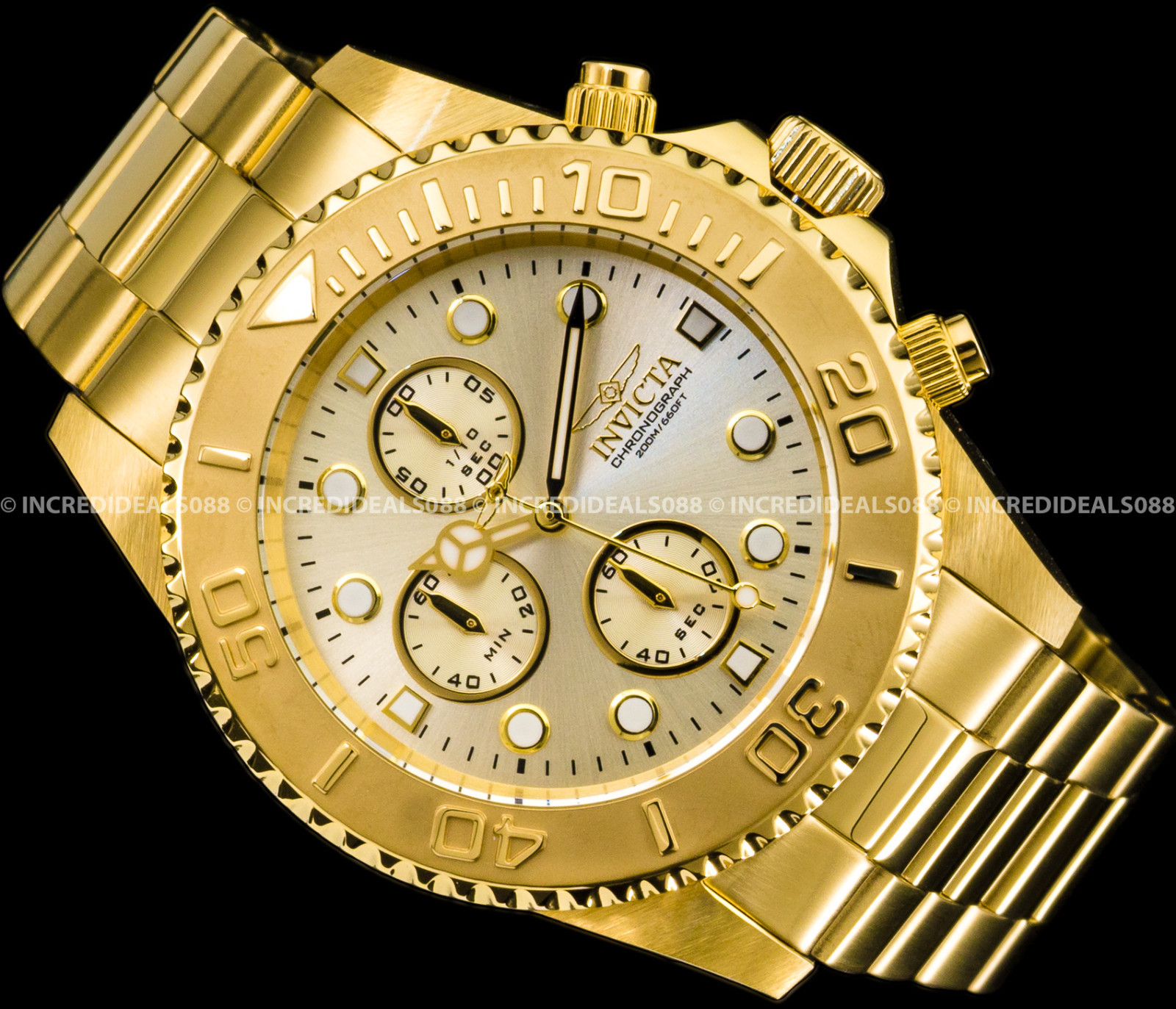 Invicta Men Pro Diver Chronograph 18k Gold Plated Champagne Dial 43mm Watch 1774