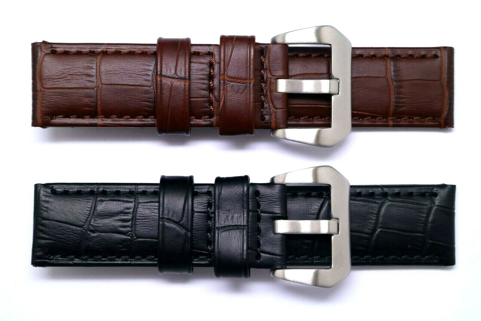 22mm 24mm Black or Brown Croco Embossed Leather Padded Replacement Watch Band