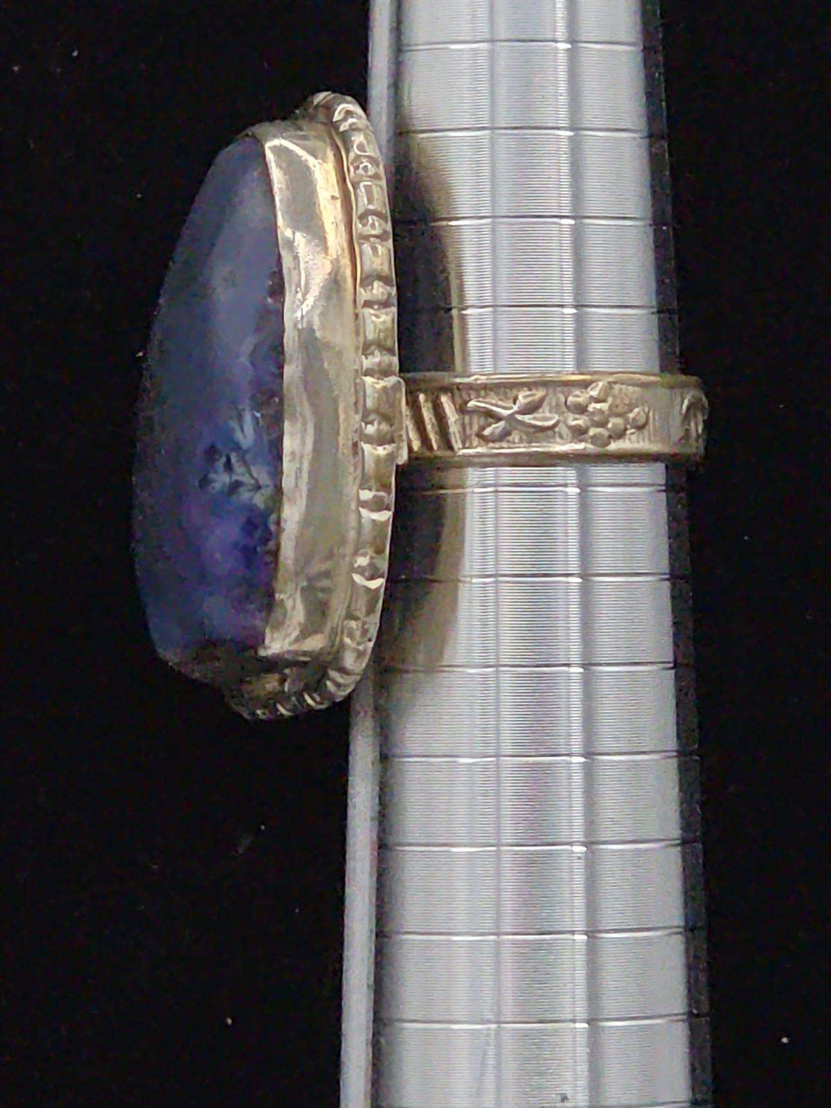 Large Handcrafted Sterling Silver & Purple Blue Agate Statement Ring Size 8