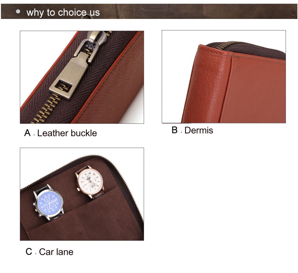 Luxe Brown Cowhide Genuine Leather Watch Organiser Travel Watch Storage Bag Box