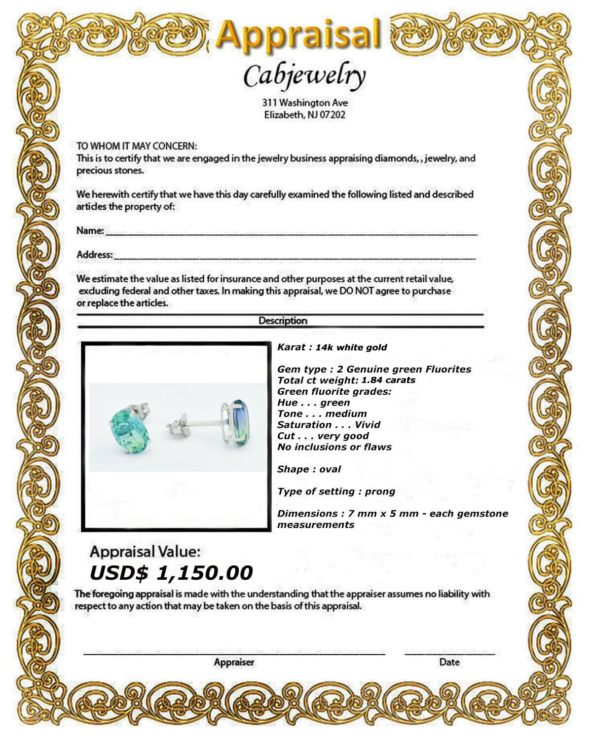 GENUINE 1.82 Cts GREEN FLUORITE STUD EARRINGS 14K GOLD – Free Appraisal Service