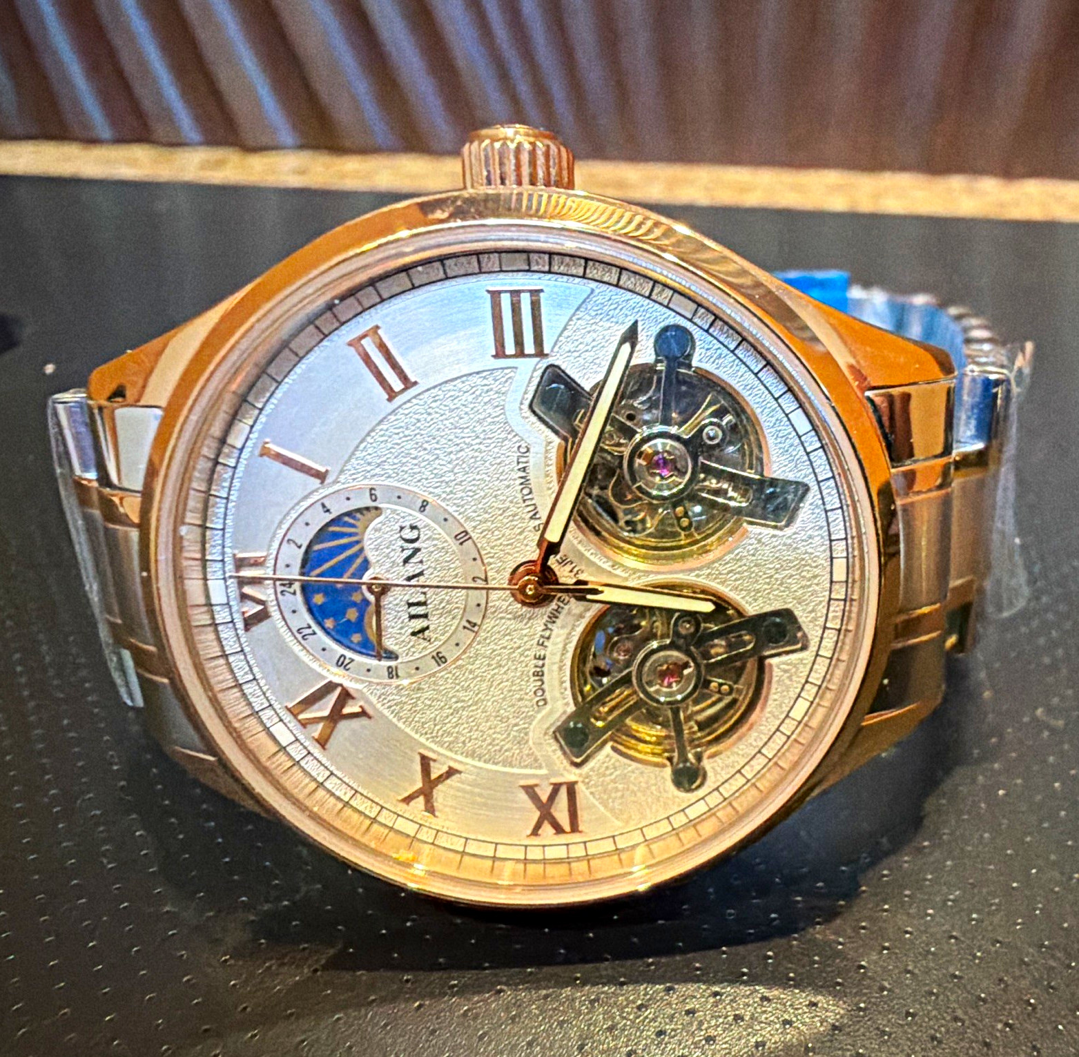 AILANG Double Flywheel Automatic Skeleton Dial Rose Gold/Silver Steel Bracelet