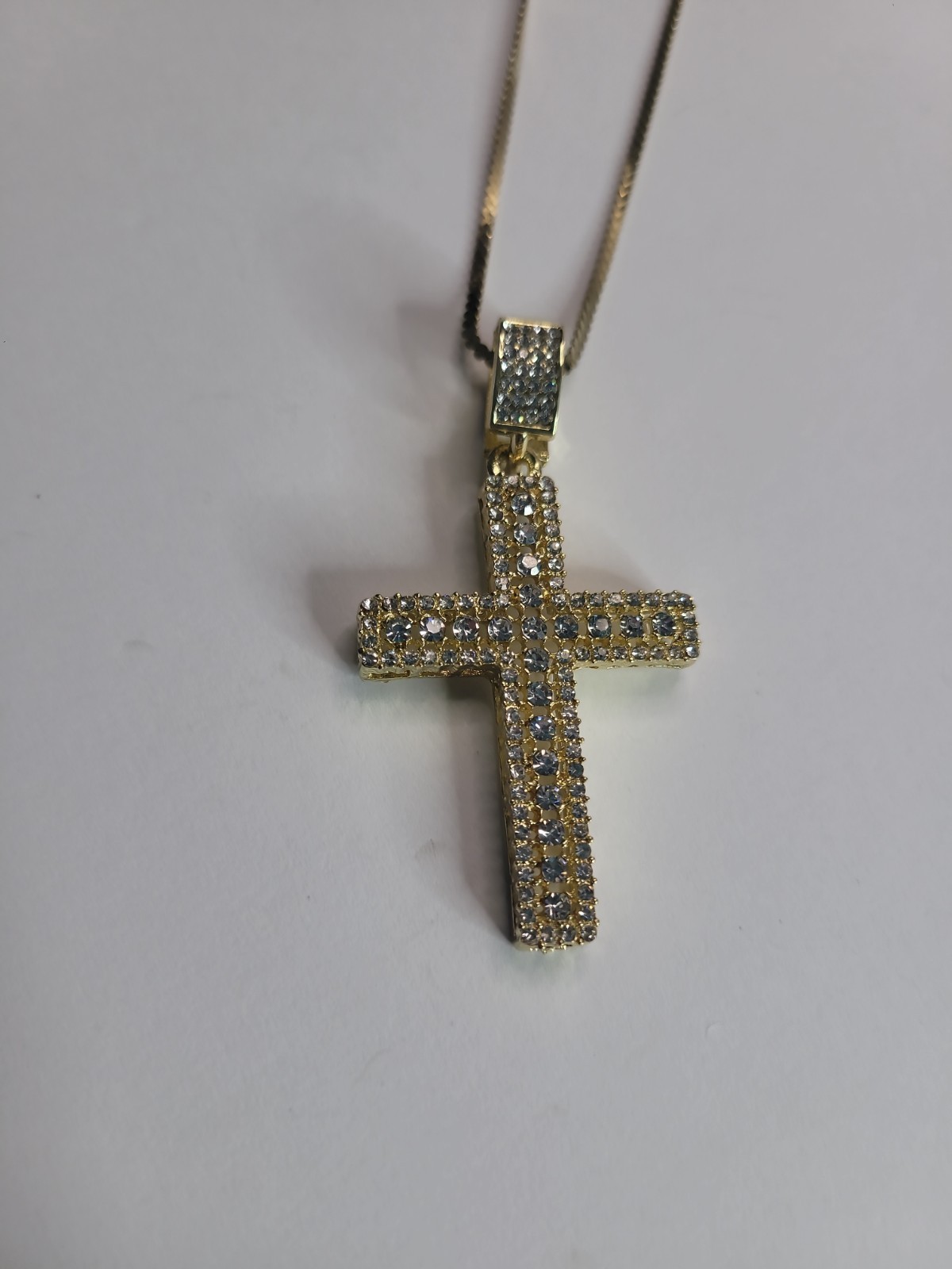 Gold Tone Iced Out Cross Pendant Necklace Clear Rhinestone Pave Hip Hop Style