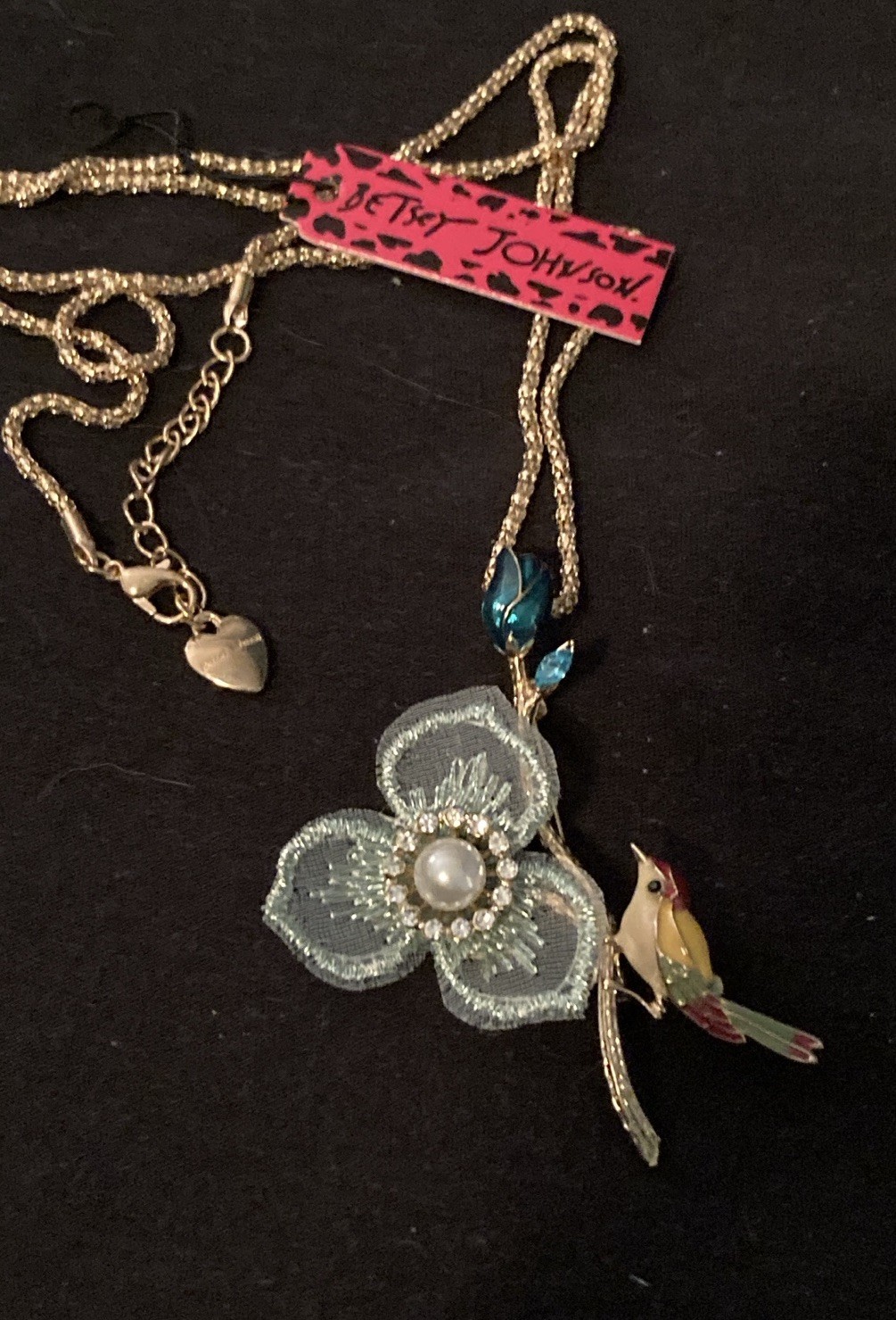 BETSEY JOHNSON PEACH BIRD & BLUE FLOWER BRANCH CRYSTAL ENAMEL NECKLACE/BROOCH