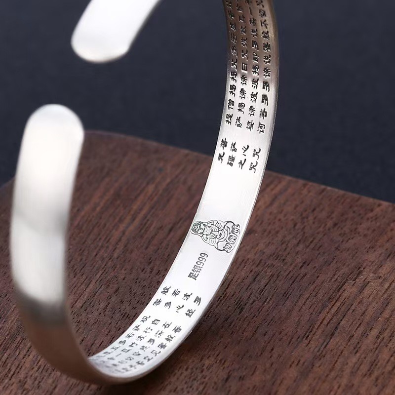 Pure S999 Fine Silver Bracelet Lucky Fu Cow Open Bangle 30-31g ID:56mm