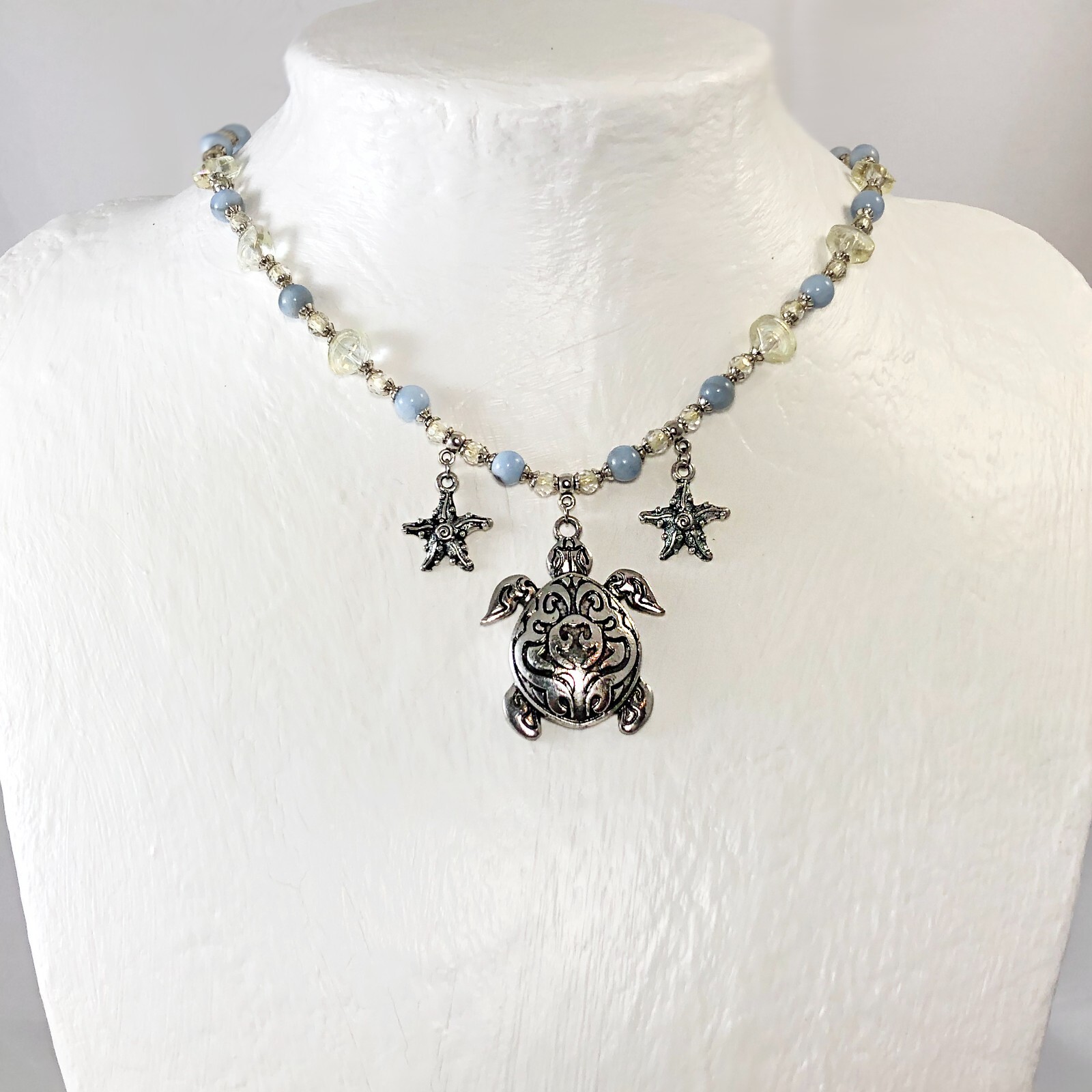 Silver Viking Sea Turtle, Starfish Choker with Yellow AB Shells, Blue MOP