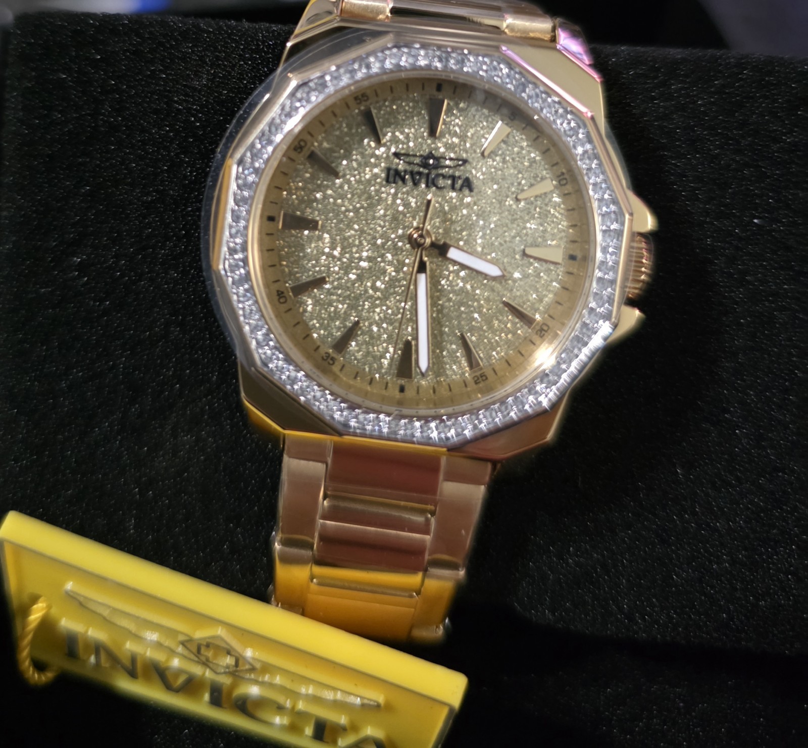 Invicta Speedway Gold Tone Quartz Analog SS Glitter Dial Gem Bezel 30m (23)