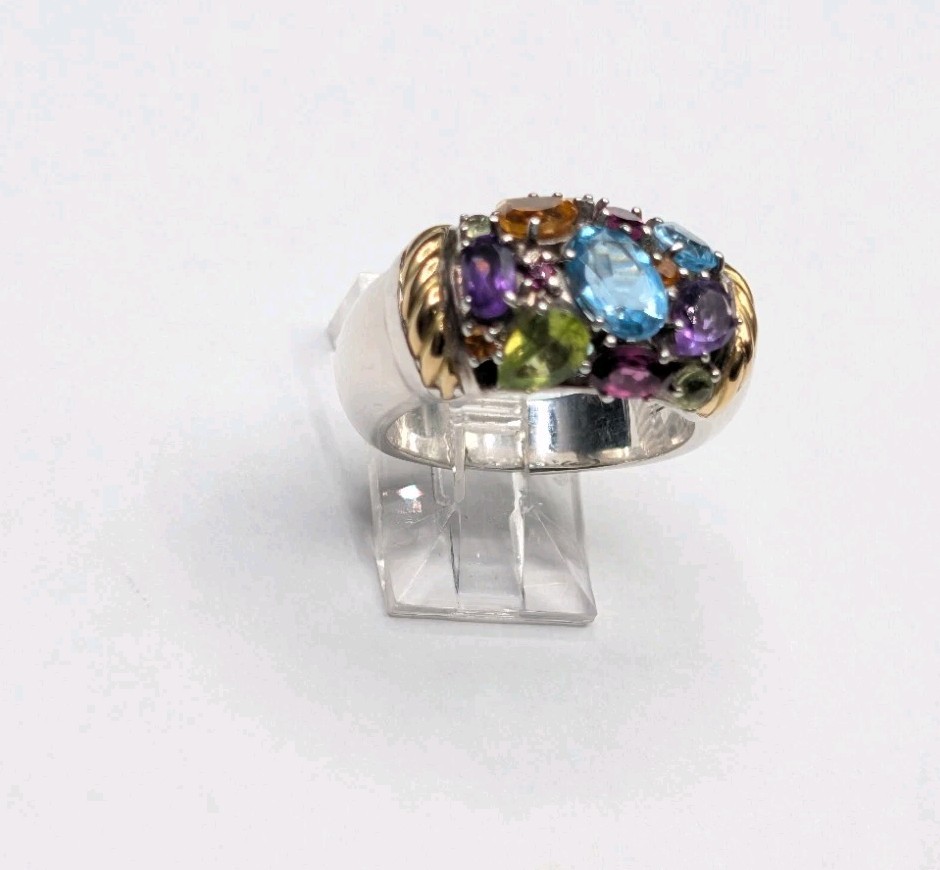 EFFY Sterling Silver 925 Gold Accent Multi Gemstone Cluster Ring Size 8