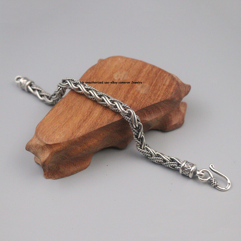 Solid S925 Sterling Silver Chain 7mm braided Wheat Link Bracelet 34-35g 7.9inch