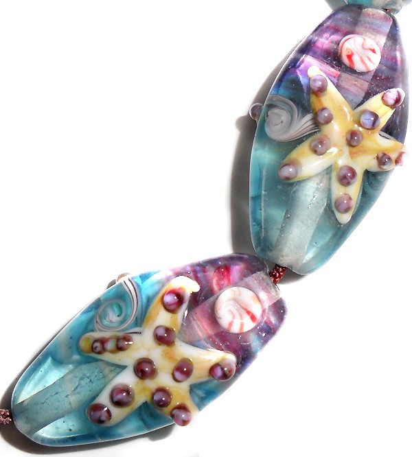 Handmade Lampwork Glass Bead Starfish Blue Sea Shell 28 mm Long Oval 4 Beads