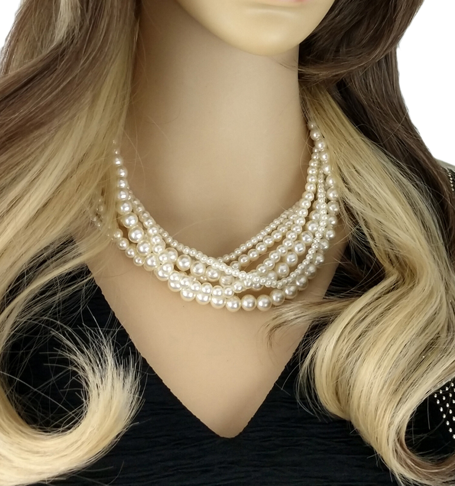 Six Multi Strand Off White Imitation Pearl Collar Necklace For Women 17 1/2″