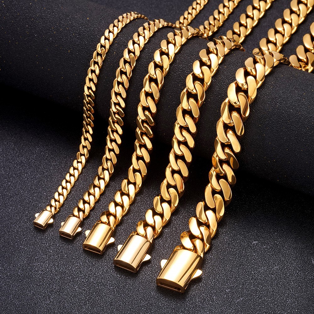 Men’s 6/8/10/12/14mm Gold Color Stainless Steel Miami Cuban Link Chain Necklace